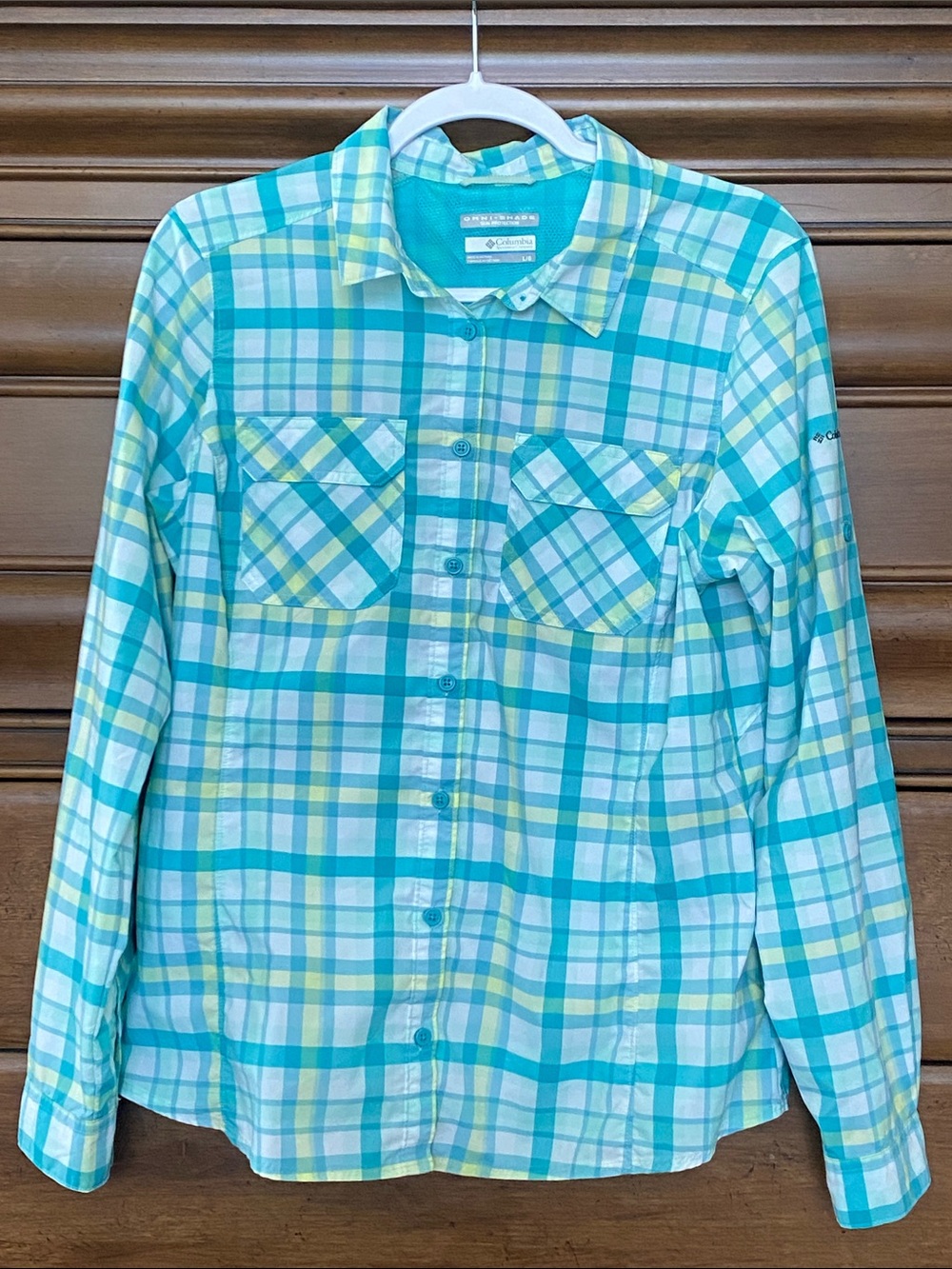 Columbia Omni-Shade Teal & Yellow Plaid Button-Down Shirt Size Large Like New